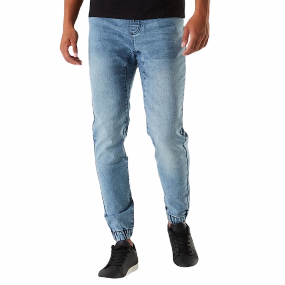 Drawstring Knit Denim Jogger in medium-light blue